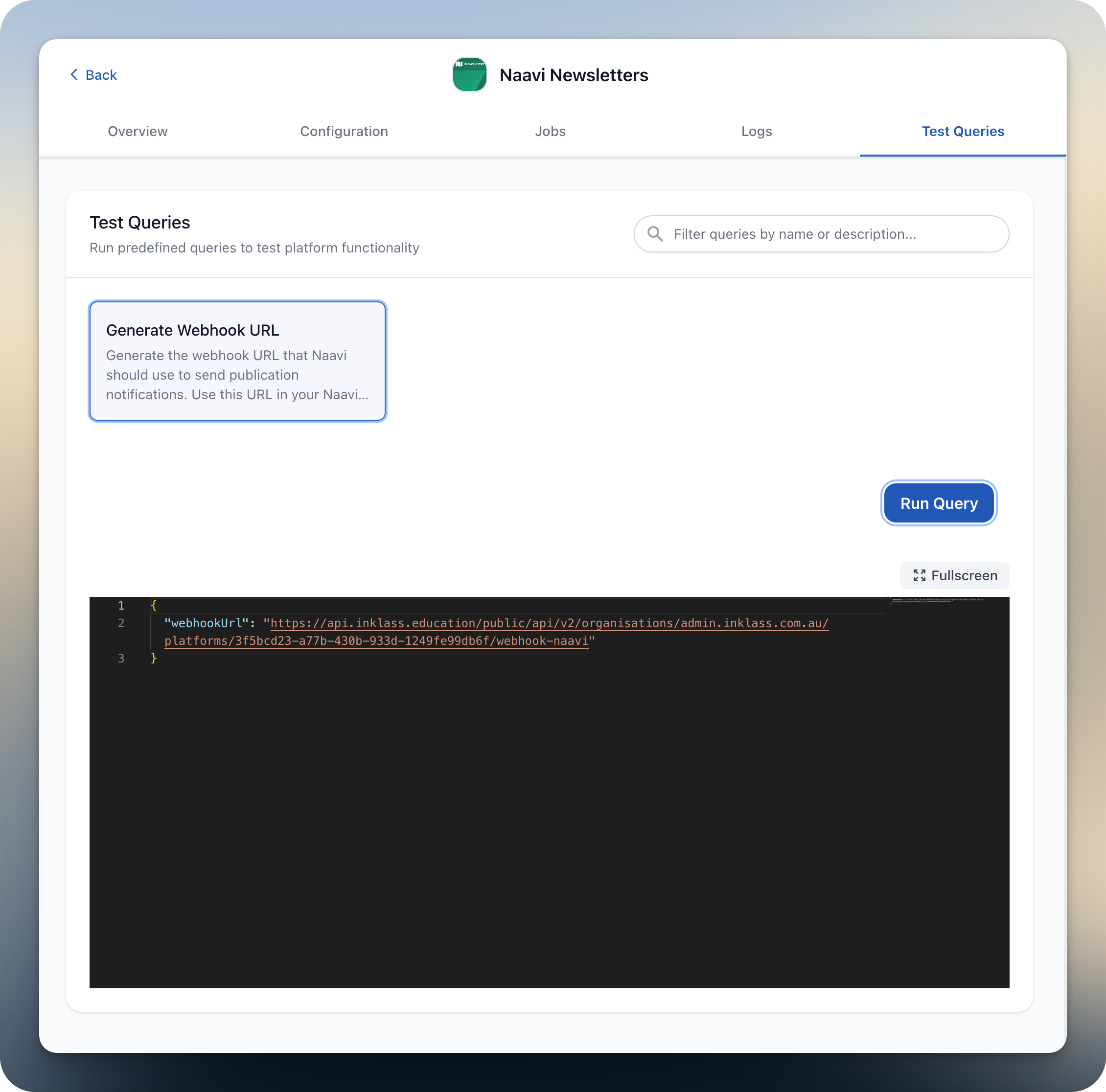 View webhook URL generation screenshot